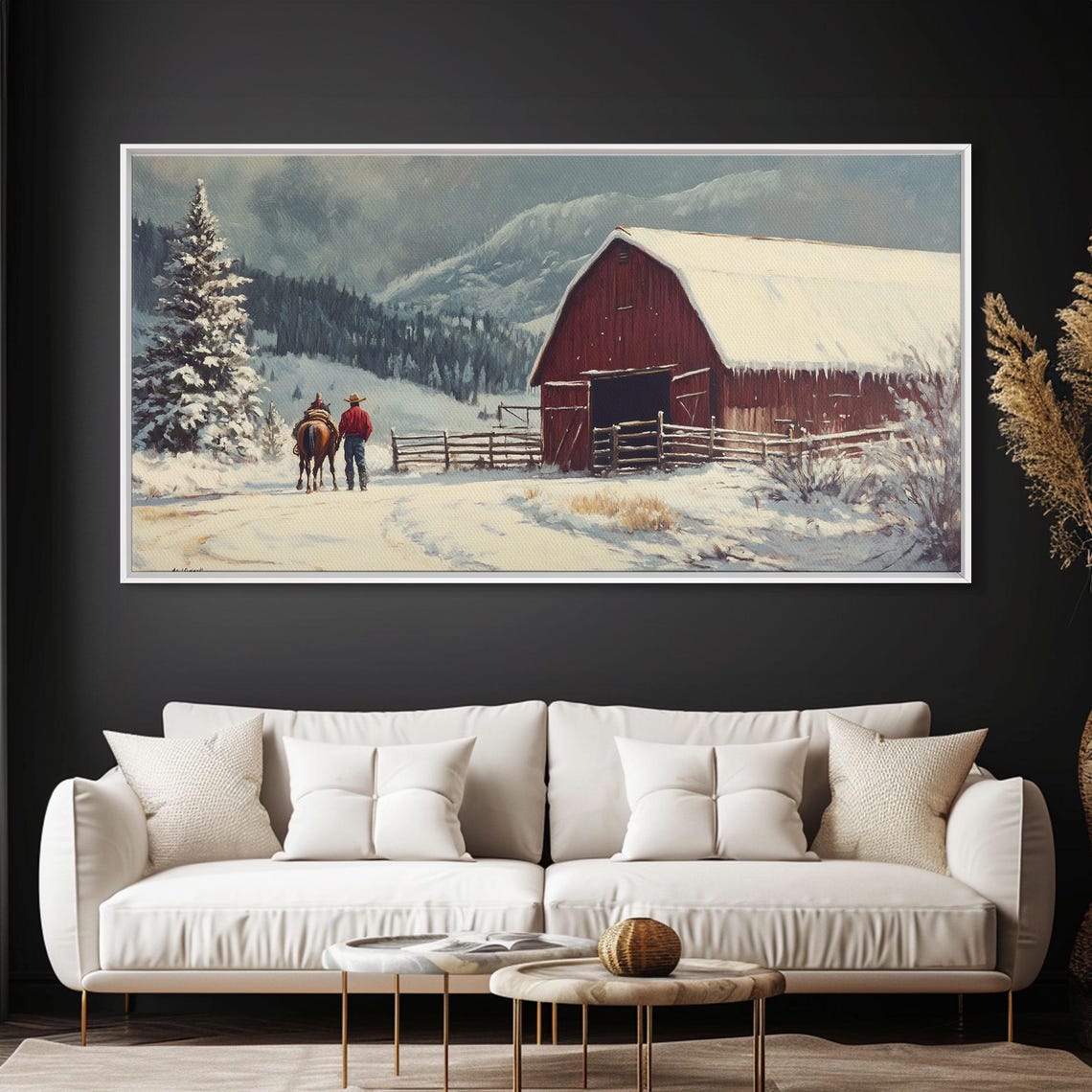 Cowboy With Horse Walking To Snowy Red Barn Winter Morning Poster - Image 4