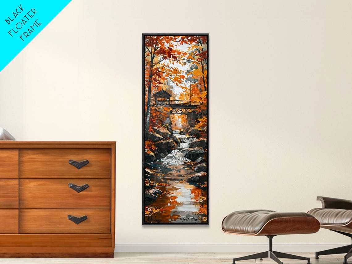 Autumn Covered Bridge Over Rocky Stream Waterfall Landscape Poster - Image 5