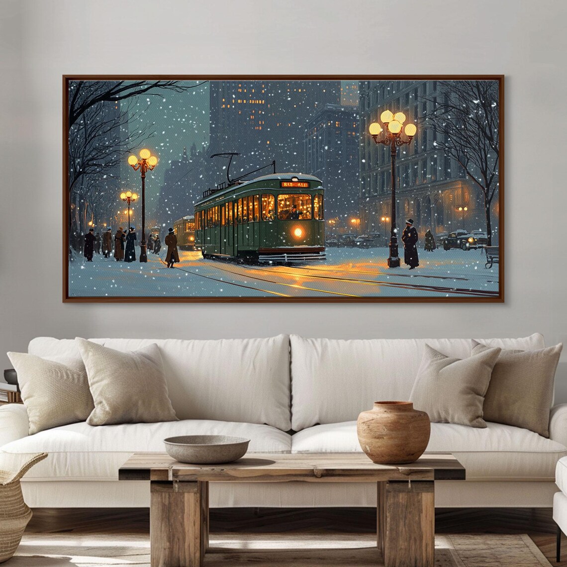Vintage Christmas Street Scene Green Tram Snowy Night City Poster - Image 5