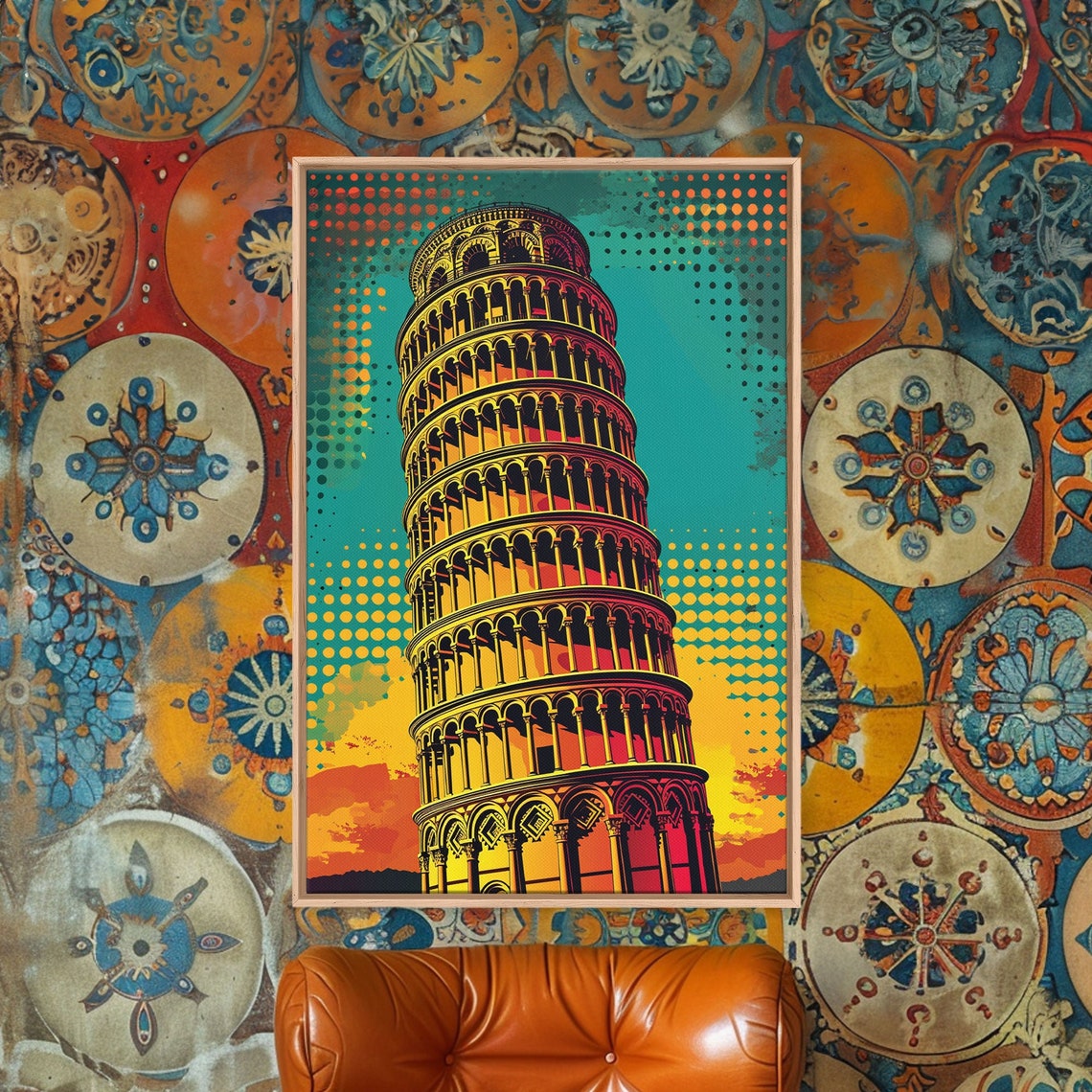 Leaning Tower of Pisa Italy Pop Art Poster with Sunset Halftone Print