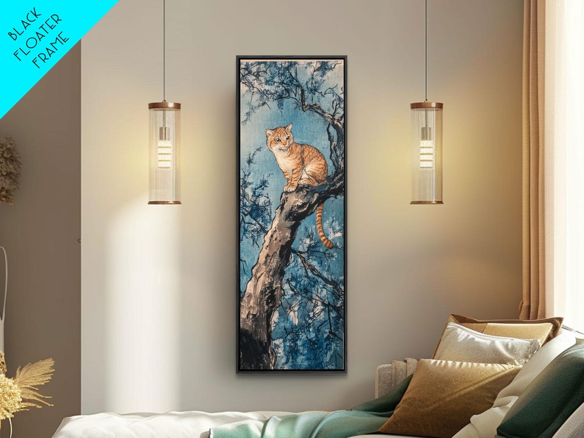 Ginger Tabby Cat on Tree Branch Night Japanese Style Wall Art - Image 2
