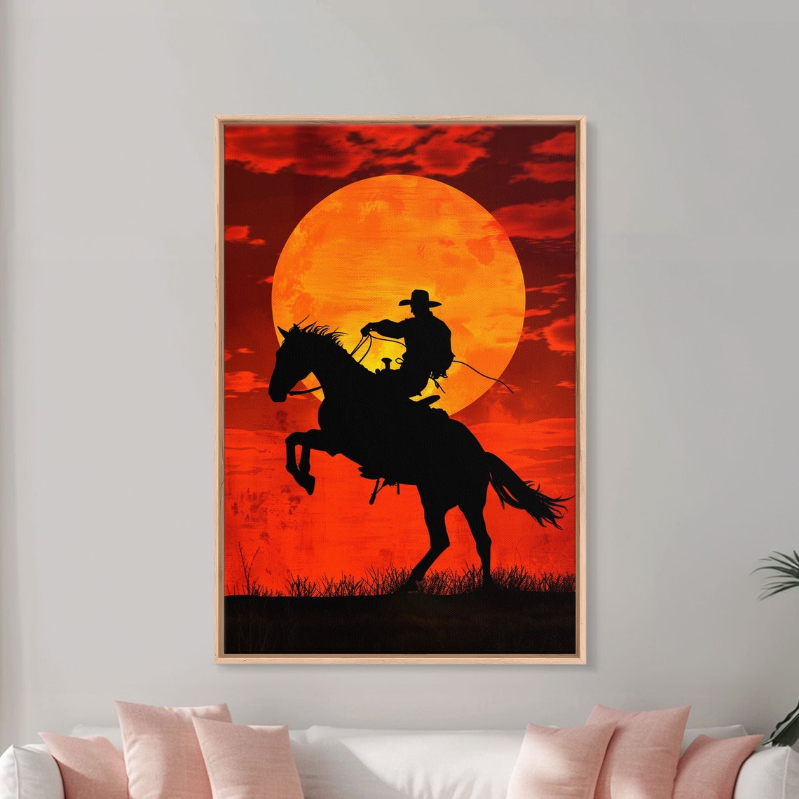 Cowboy Silhouette Rearing Horse Giant Orange Sunset Wall Art - Image 4