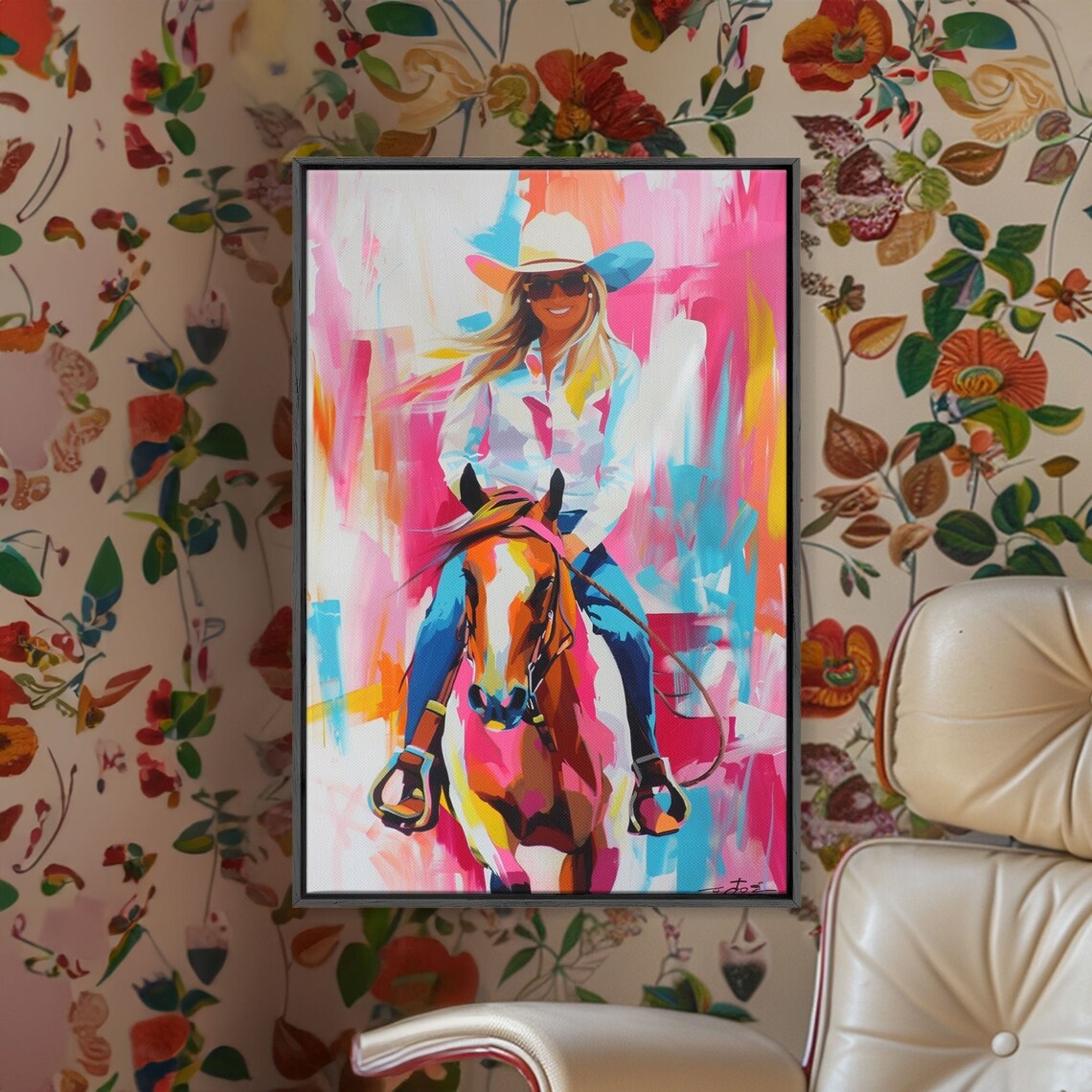 Smiling Cowgirl Riding Horse, Western Art Print - Image 2