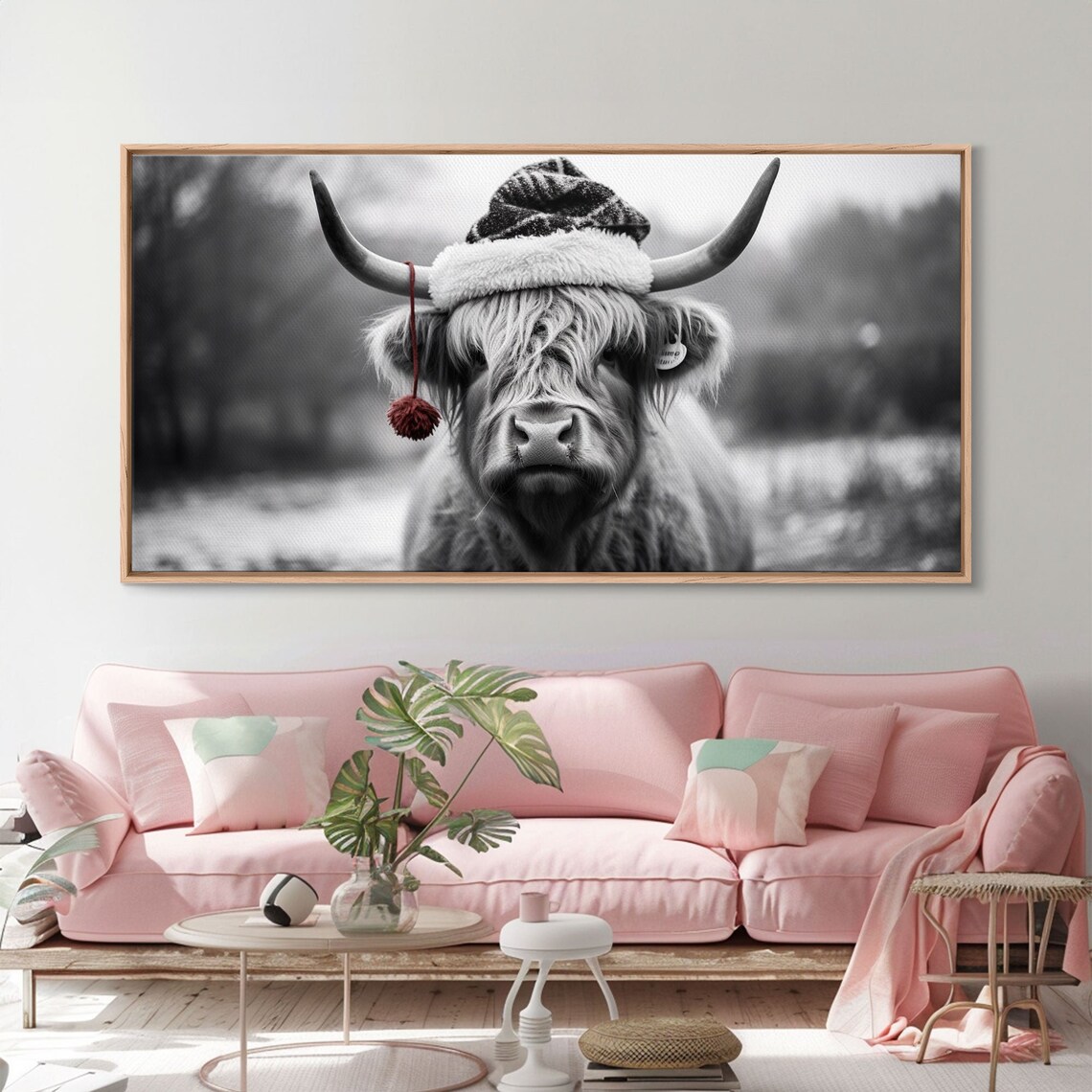 Highland Cow Wearing Santa Hat Festive Black White Holiday Print - Image 3