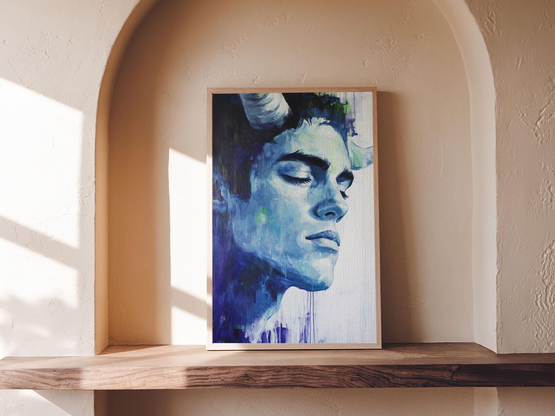 Satyr Face Watercolor Blue Eyes Closed Dreamy Fantasy Creature Art Poster - Image 5