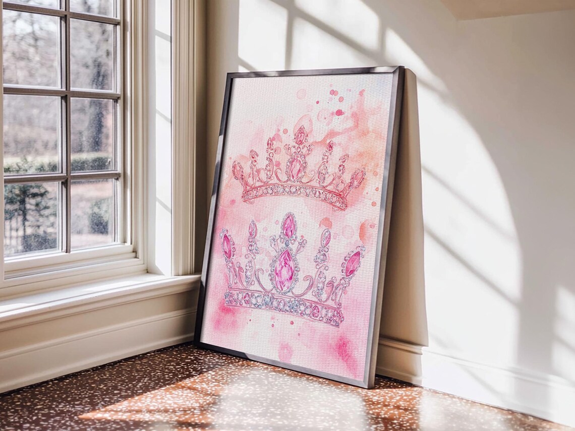 Twin Pink Jeweled Crowns Watercolor Whimsical Princess Wall Art Print - Image 4