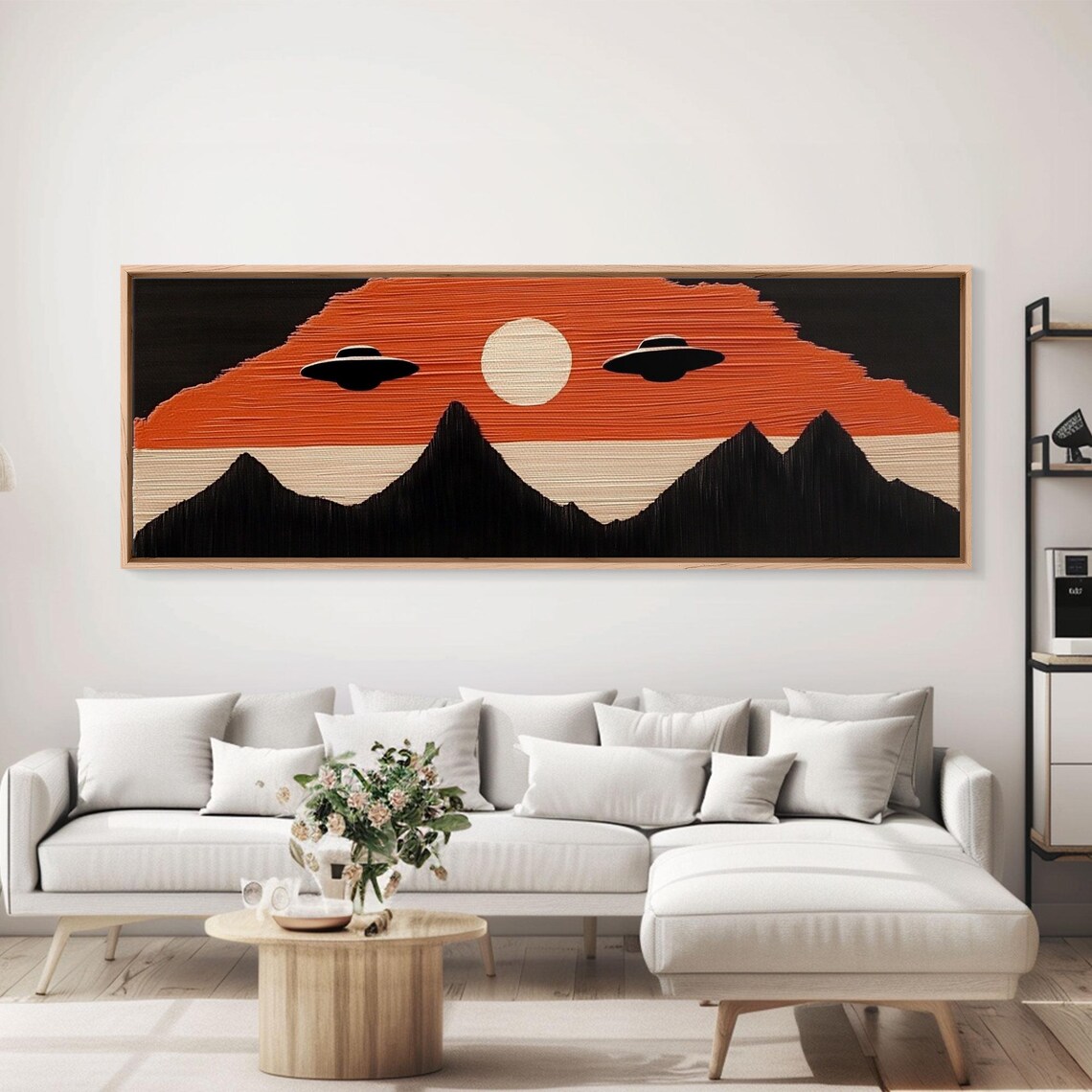 Flying Saucers Over The Mountains Retro Art Deco Inspired Scifi Art Panoramic Print Cute Nursery Decor