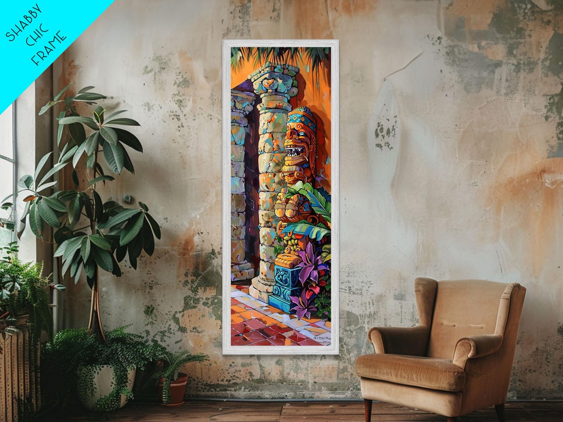 Colorful Tiki Totem Statue Tropical Sunset Courtyard Wall Art Poster - Image 2