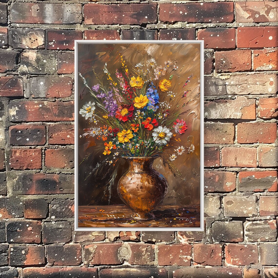 Lush Wildflower Arrangement In Bronze Vase Oil Painting Art Poster - Image 2