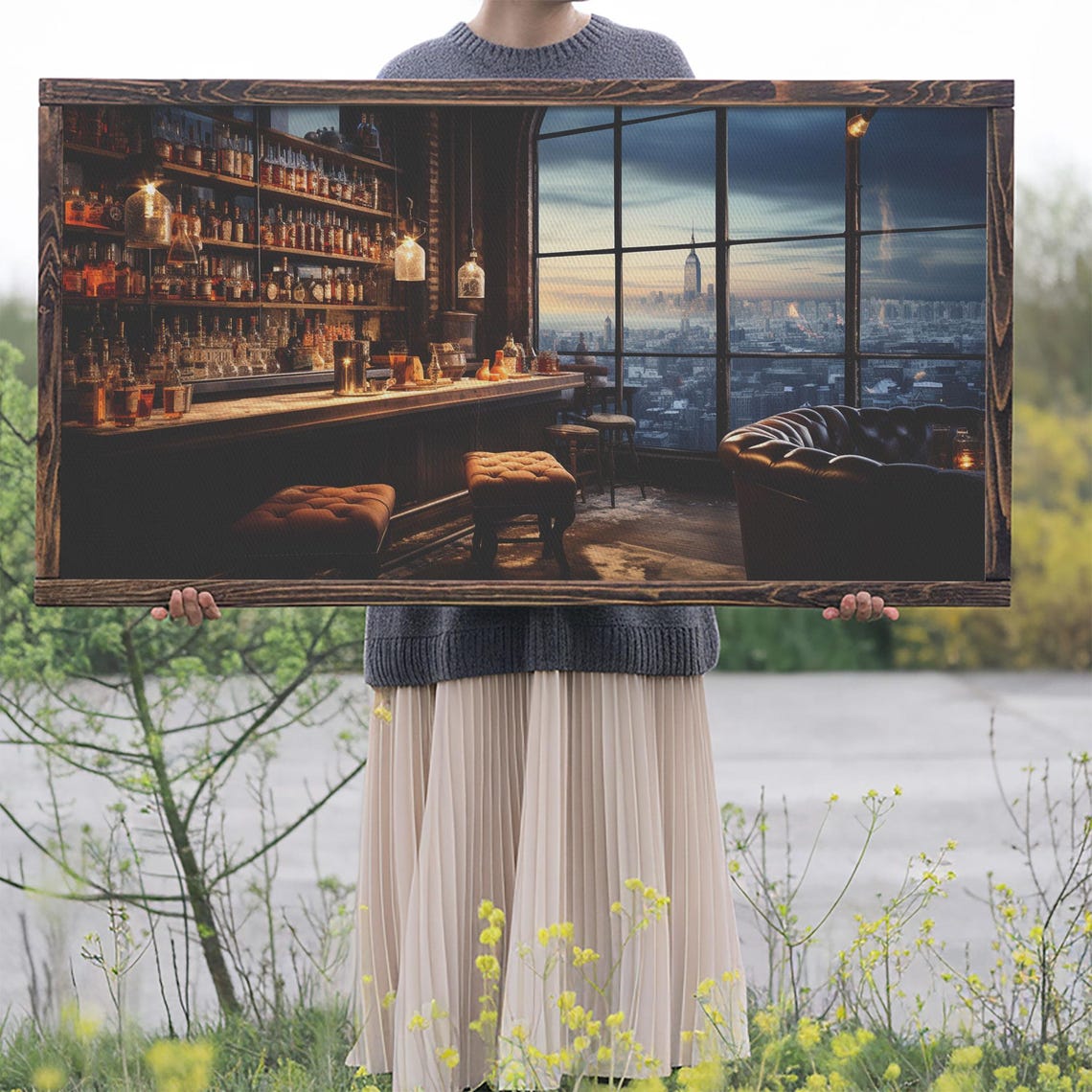 Winter Bar Decor Framed Print Oil Painting Of A Vintage Bar Overlooking The City Winter Centerpiece Winter Decor Bar Cart Art - Image 2