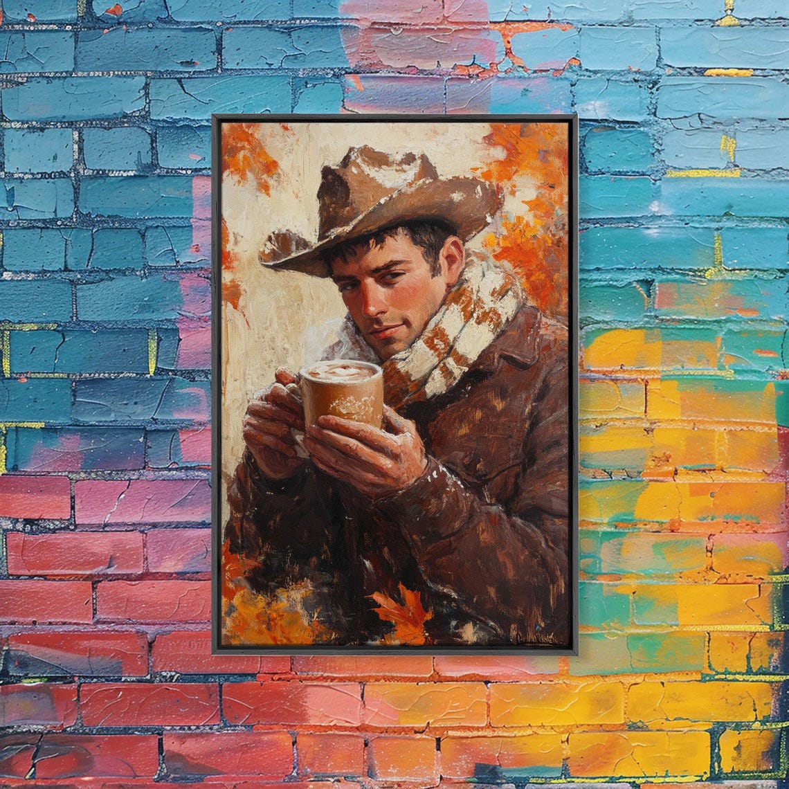 Young Cowboy Holding Steaming Mug Snow Dusted Hat Autumn Warm Poster