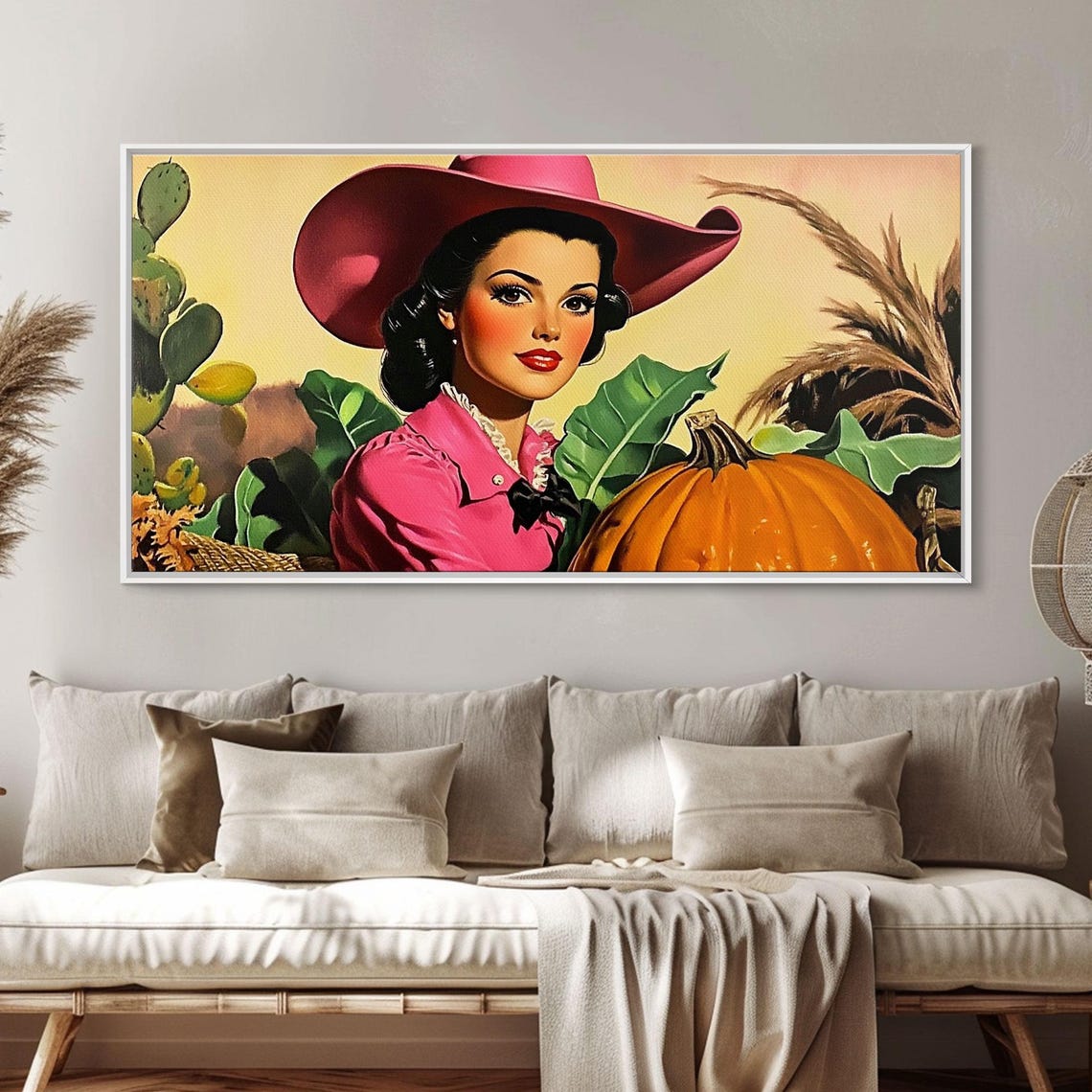 Retro Pinup Cowgirl In Pink Hat At Pumpkin Patch Autumn Harvest Poster - Image 5