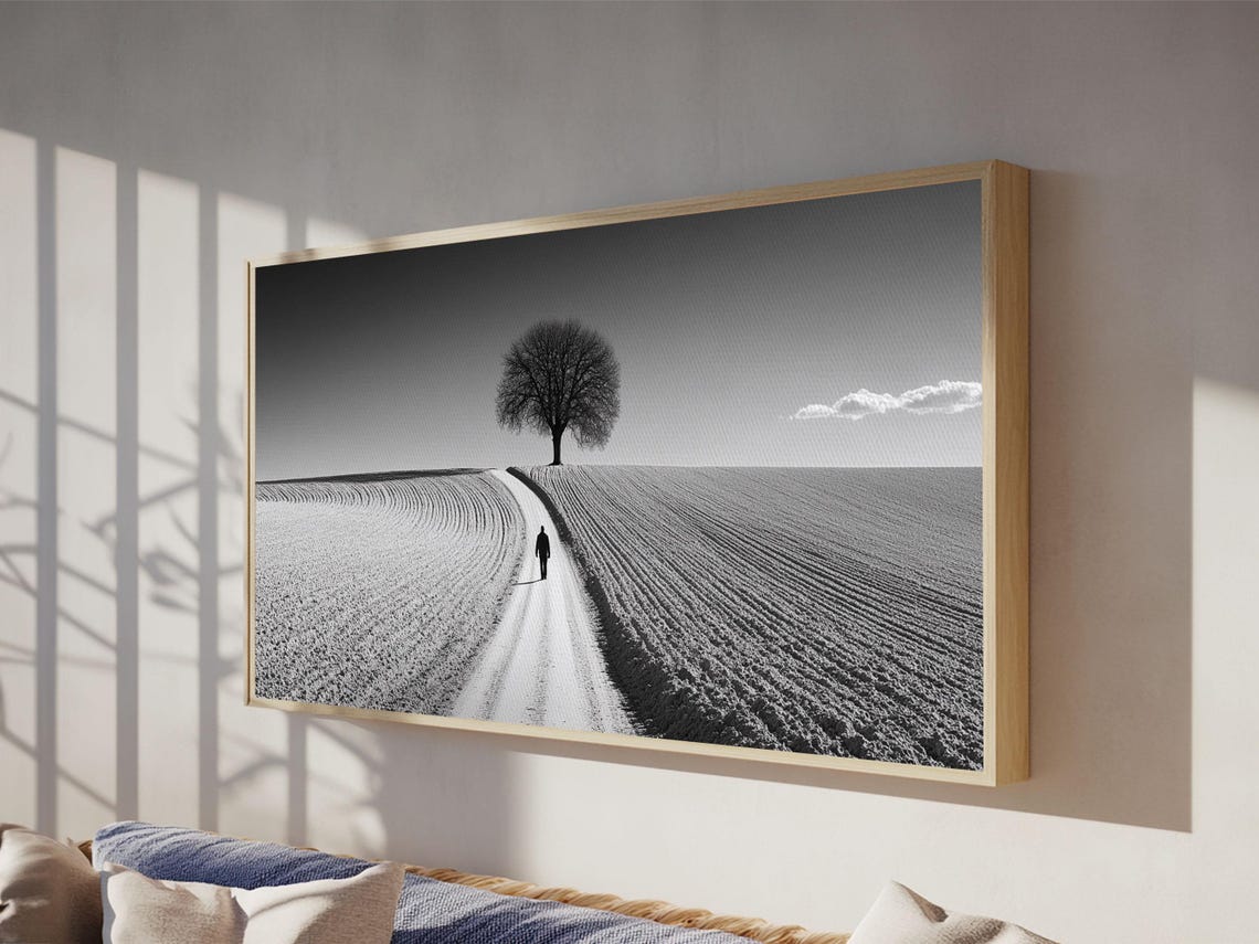 Black And White Lone Tree Country Road Field Minimalist Photo Print - Image 5