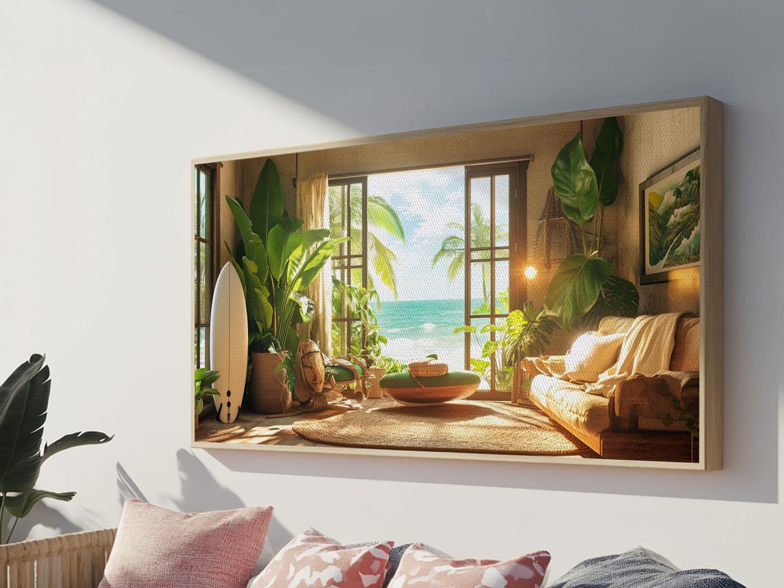 Sunny Surf Beach Interior Open Doors Ocean View Palm Plants Wall Art - Image 2