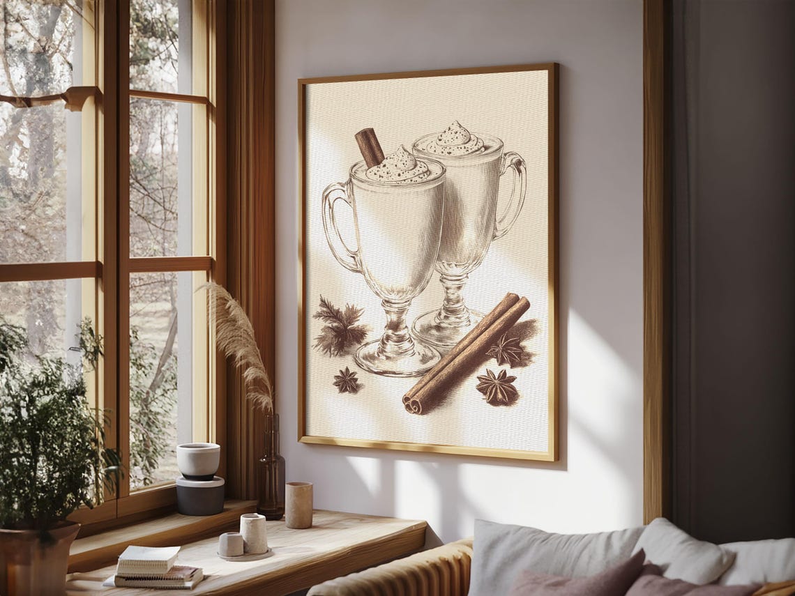 Vintage Eggnog Mugs Whipped Cream Sketch Holiday Drink Poster Art - Image 4