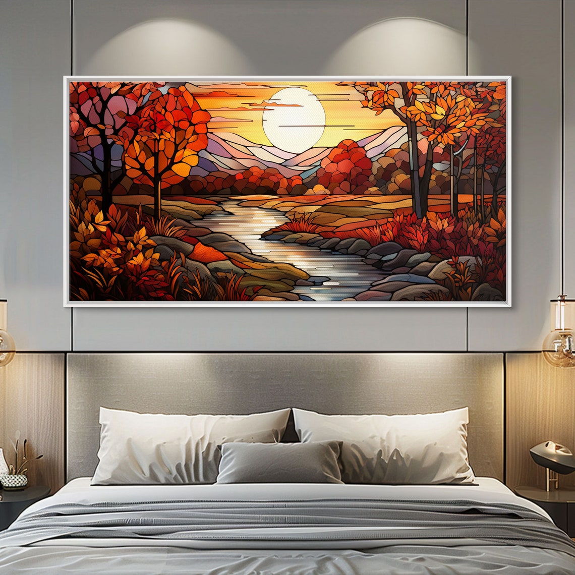 Stained Glass Autumn Valley River Sunset Fall Trees Panoramic Poster - Image 5