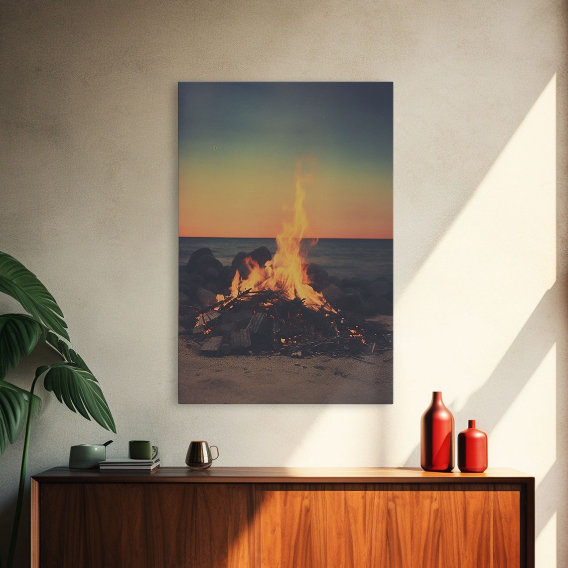 Beach Bonfire At Sunset Ocean Flames Rocks Moody Coastal Photo Poster - Image 3
