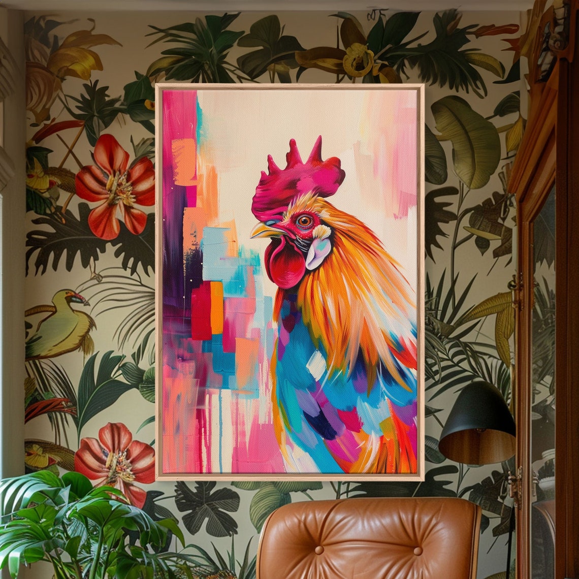 Colorful Rooster Portrait Abstract Pink Orange Farm Art Poster