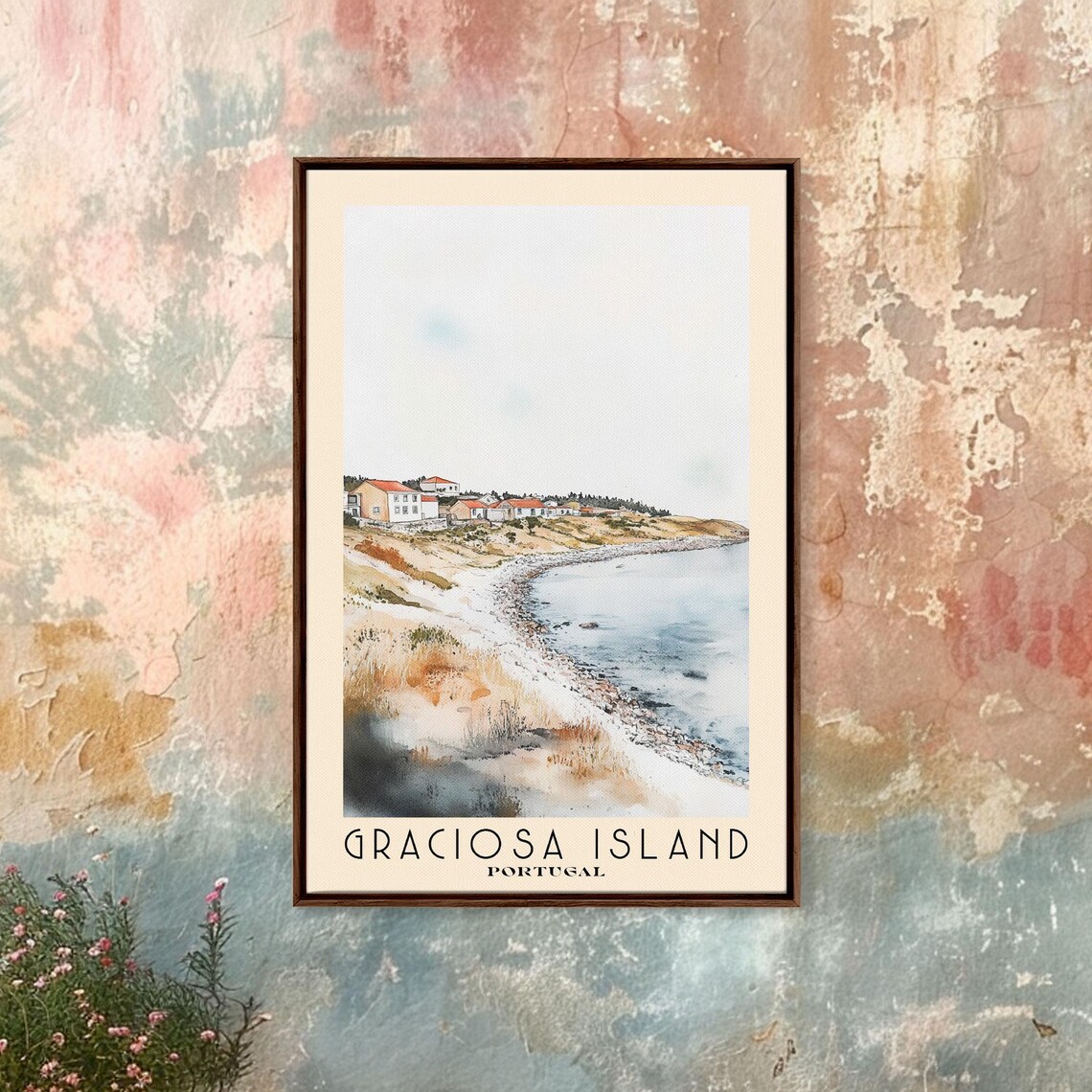 Graciosa Island Portugal Quiet Bay Red Roof Village Watercolor Poster - Image 4