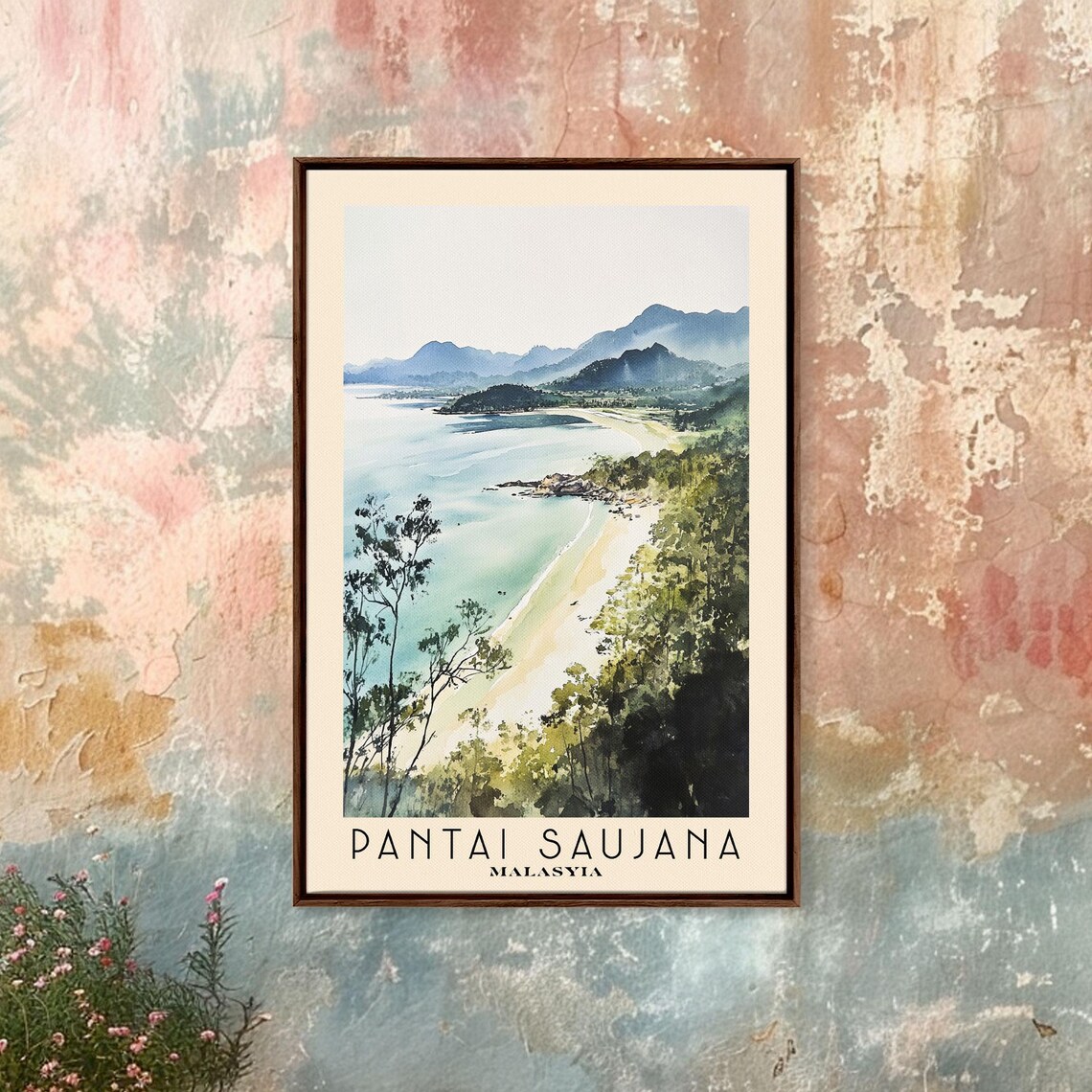 Pantai Saujana Malaysia Green Hills Bay Watercolor Scenic Travel Poster