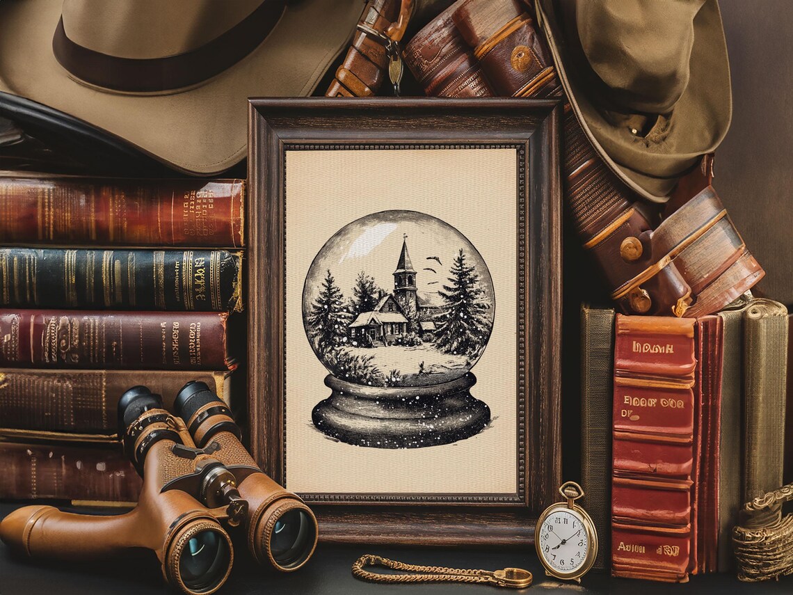 Snow Globe Church Winter Village Vintage Sketch Christmas Poster - Image 4