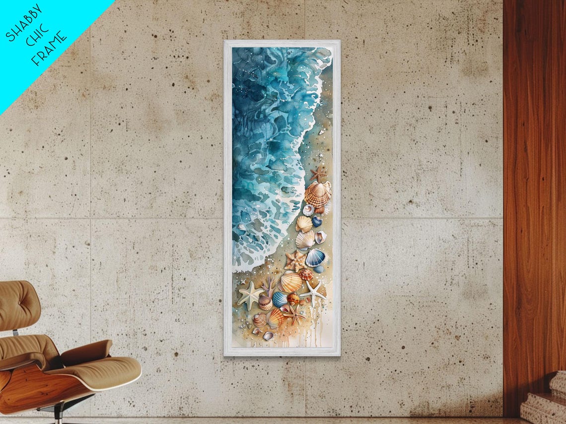 Coastal Beach Watercolor Seashells Starfish Ocean Waves Print