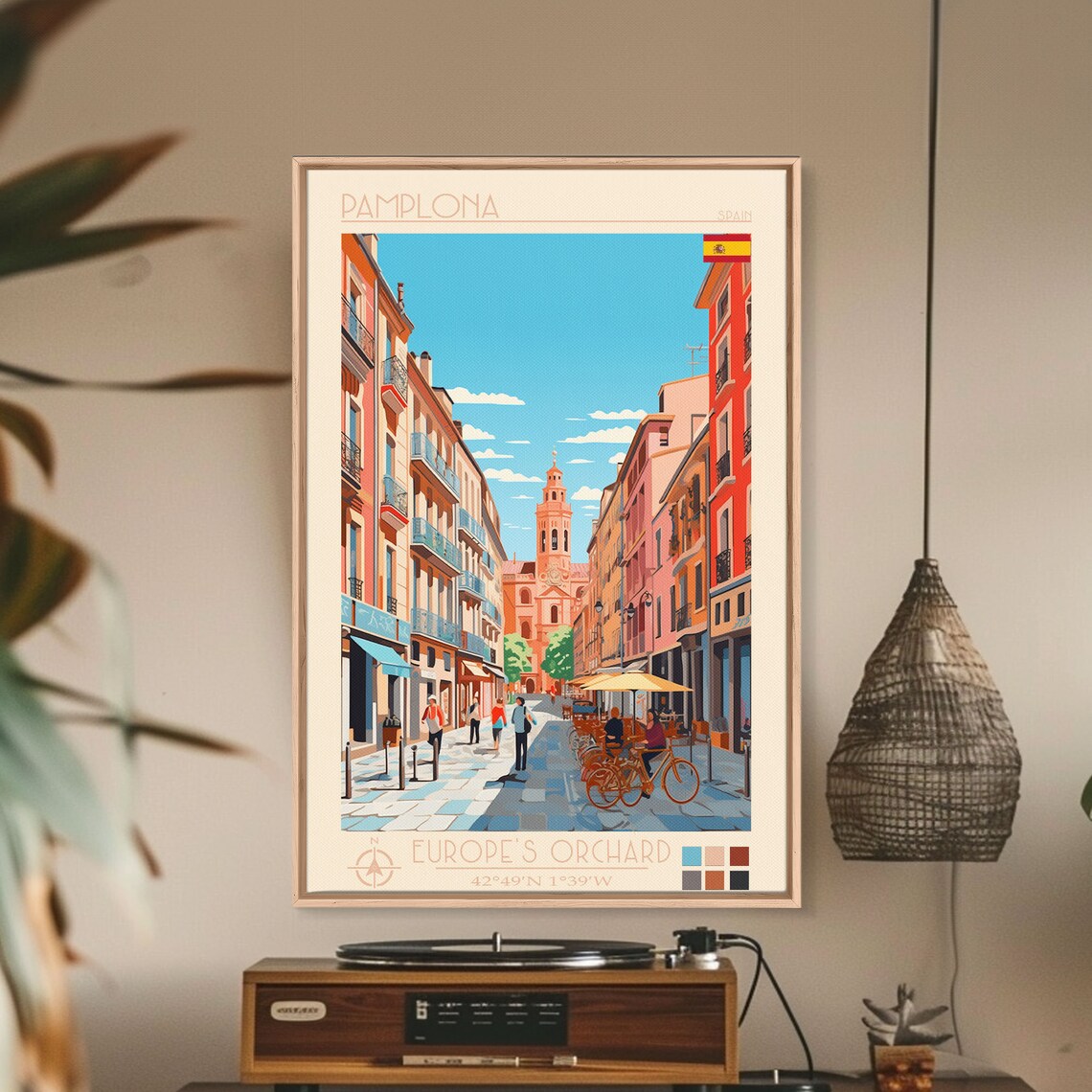 Pamplona Spain Old Town Street Church Tower Cyclists Travel Poster - Image 5