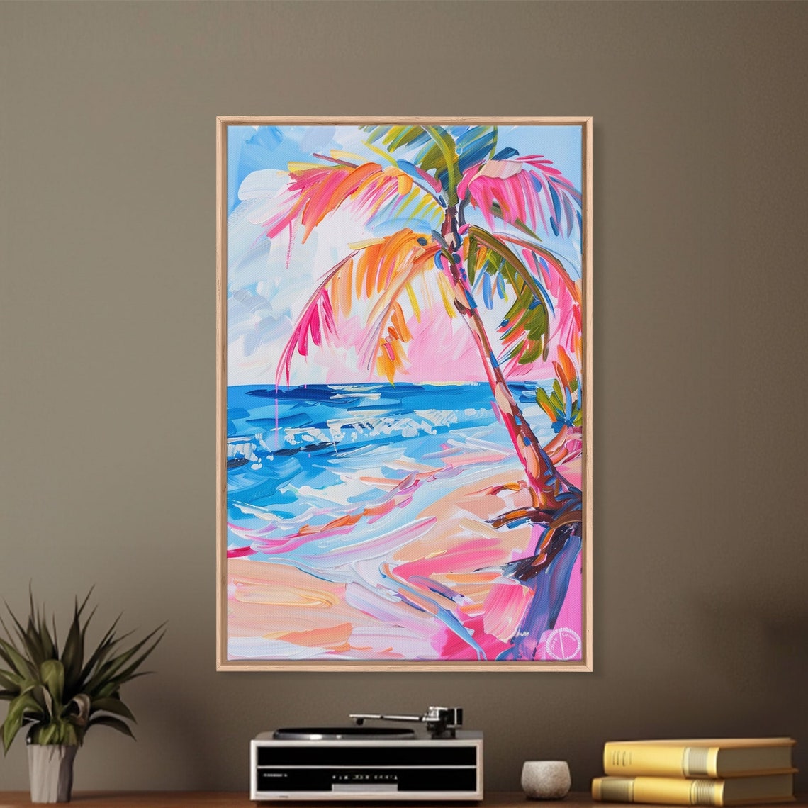 Colorful Palm Tree On Pink Beach Turquoise Waves Travel Poster - Image 2