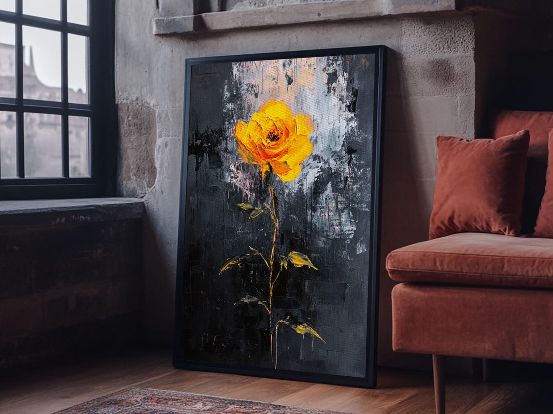 Yellow Rose On Dark Background Bold Abstract Floral Modern Art Poster
