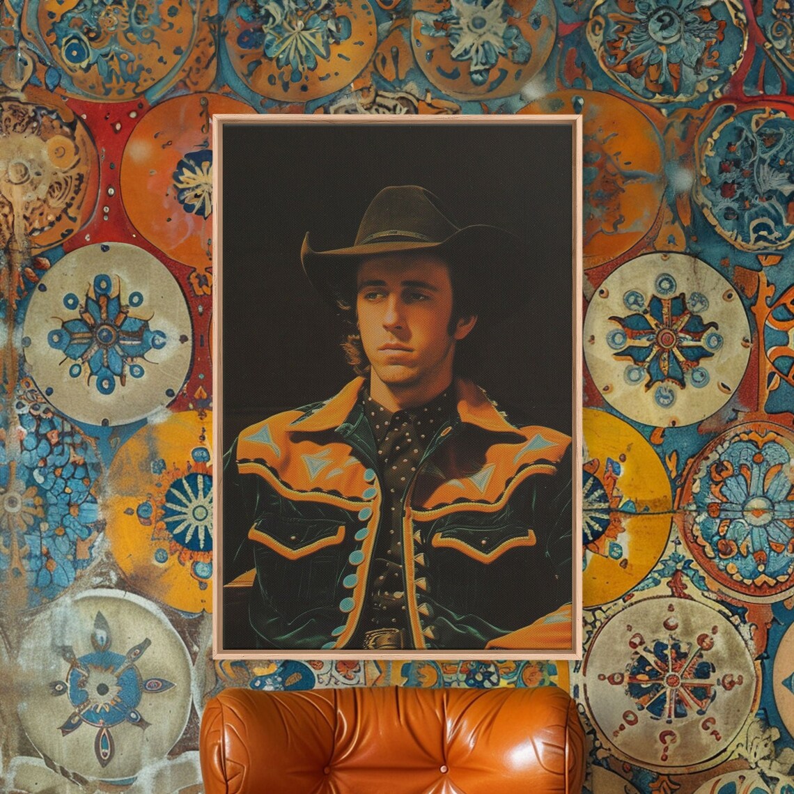 Retro Cowboy Portrait In Western Shirt Against Dark Background Poster - Image 4