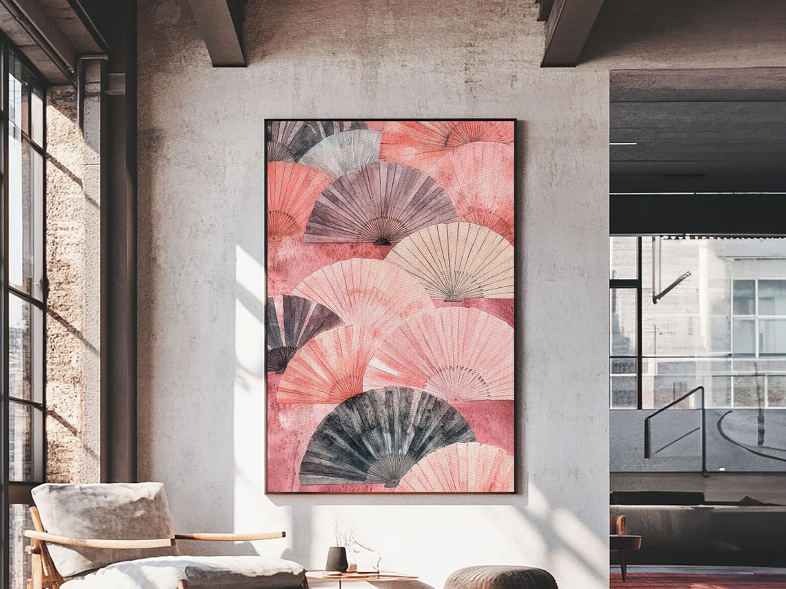 Pink Floral Folding Fans Japanese Chinoiserie Elegant Decor Wall Art - Image 2