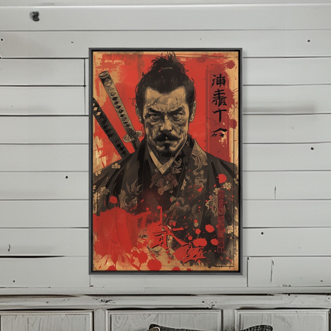 Samurai Warrior Floral Kimono Katanas Blood Red Distressed Poster - Image 3