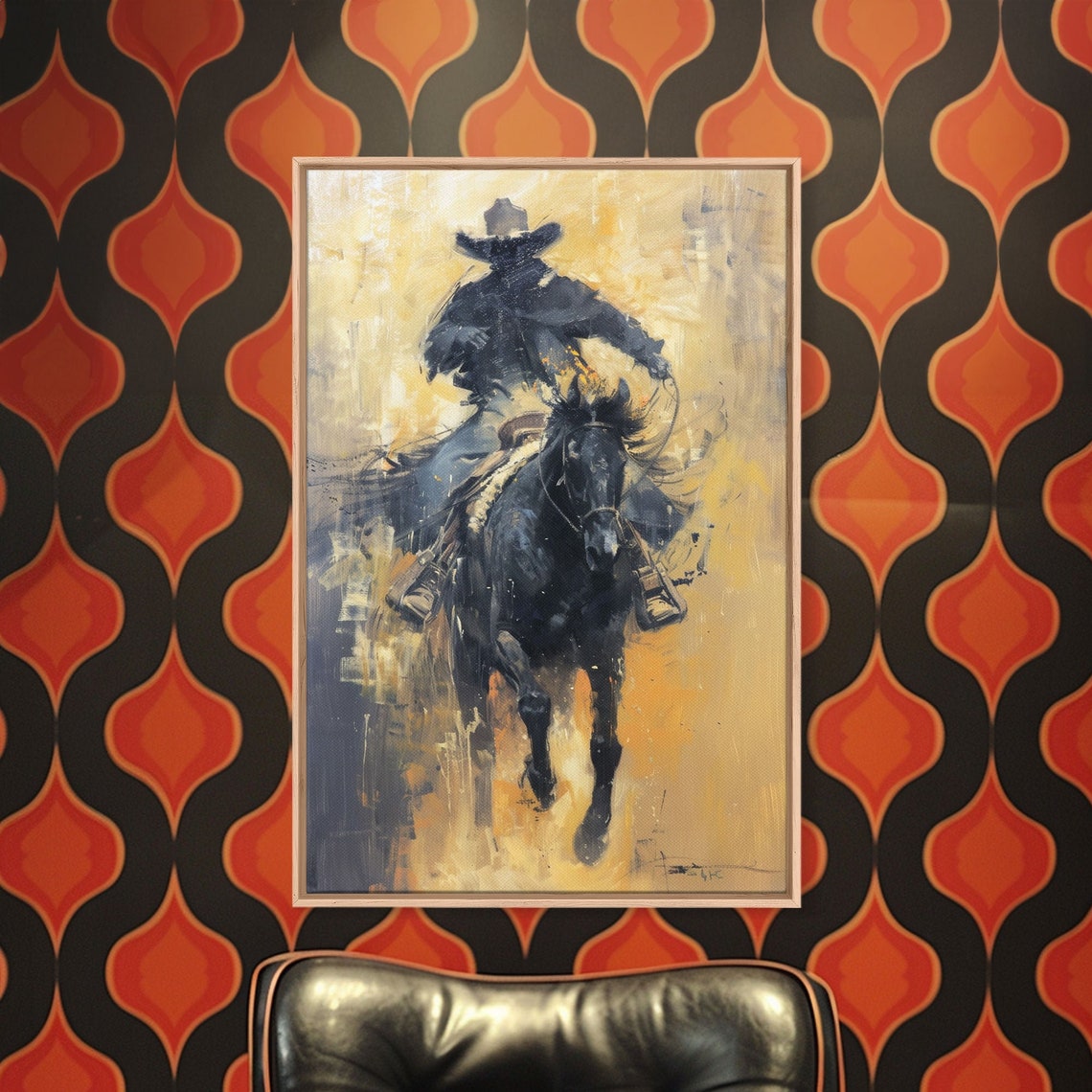 Cowboy On Charging Black Horse Painterly Western Chase Wall Art - Image 2
