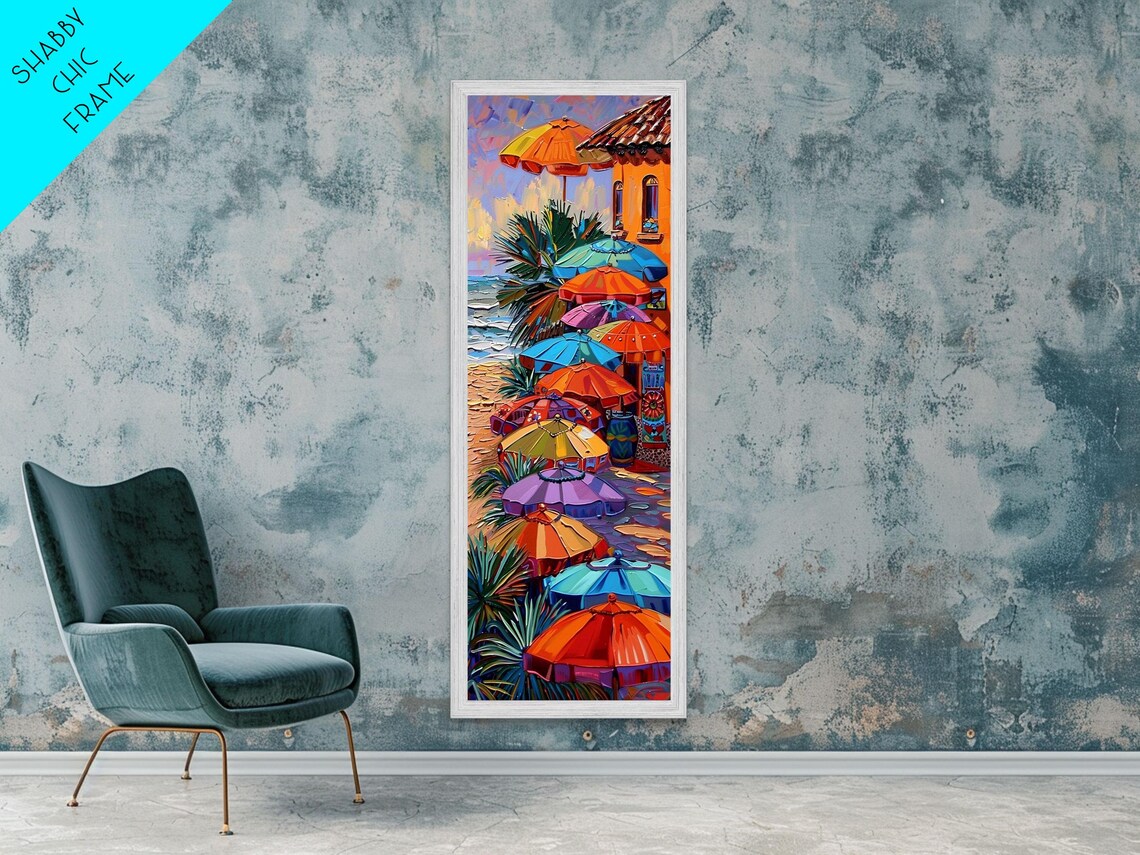 Colorful Beach Umbrellas Tropical Sand Terracotta Building Travel Poster - Image 4