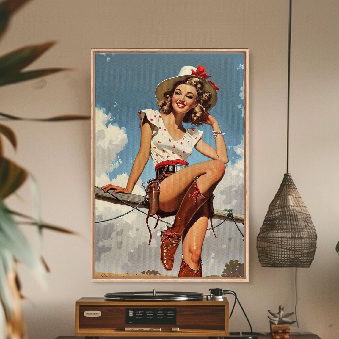Vintage Cowgirl Pin Up Cowboy Hat Fence Blue Sky Retro Art Poster - Image 4
