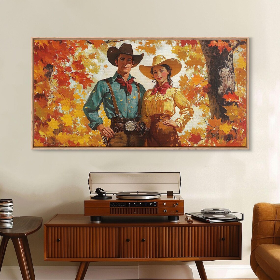 Vintage Cowboy Cowgirl Couple Portrait Among Golden Fall Leaves Poster - Image 6