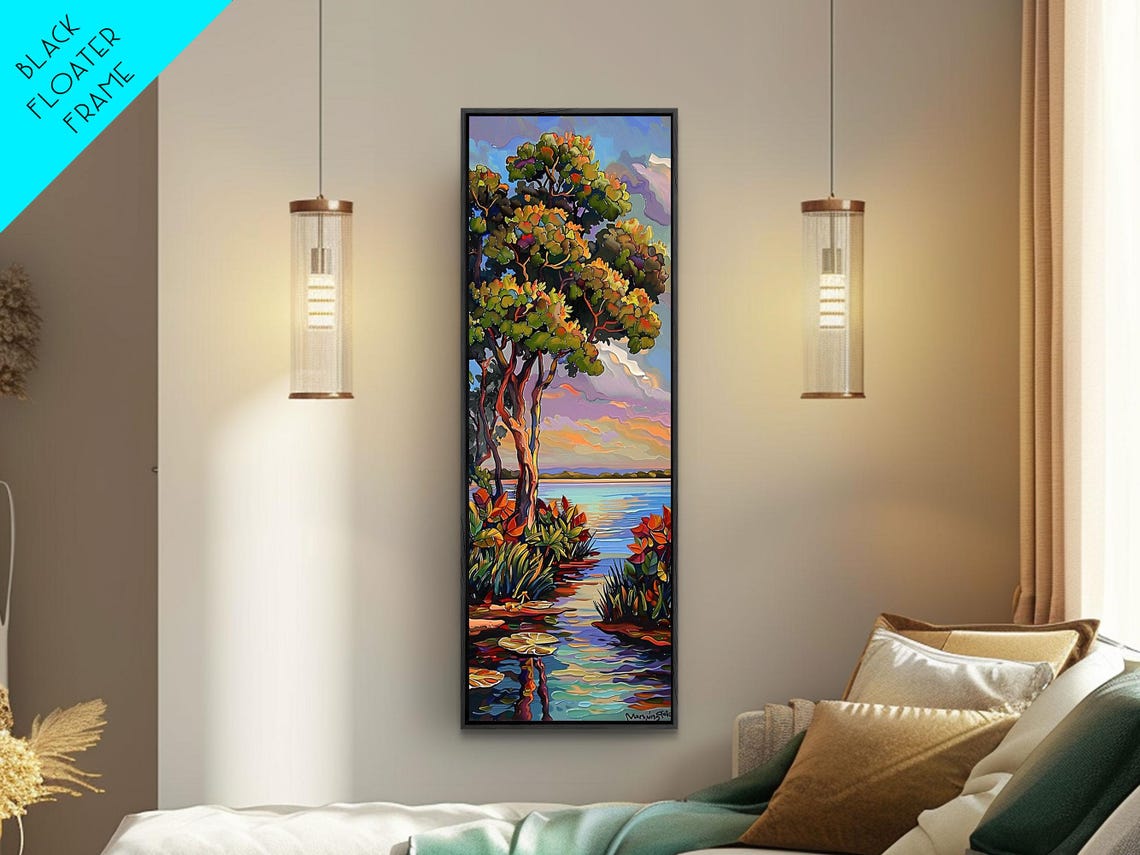 Sunset Over Waterway With Tall Trees And Lily Pads Impasto Lake Poster - Image 3