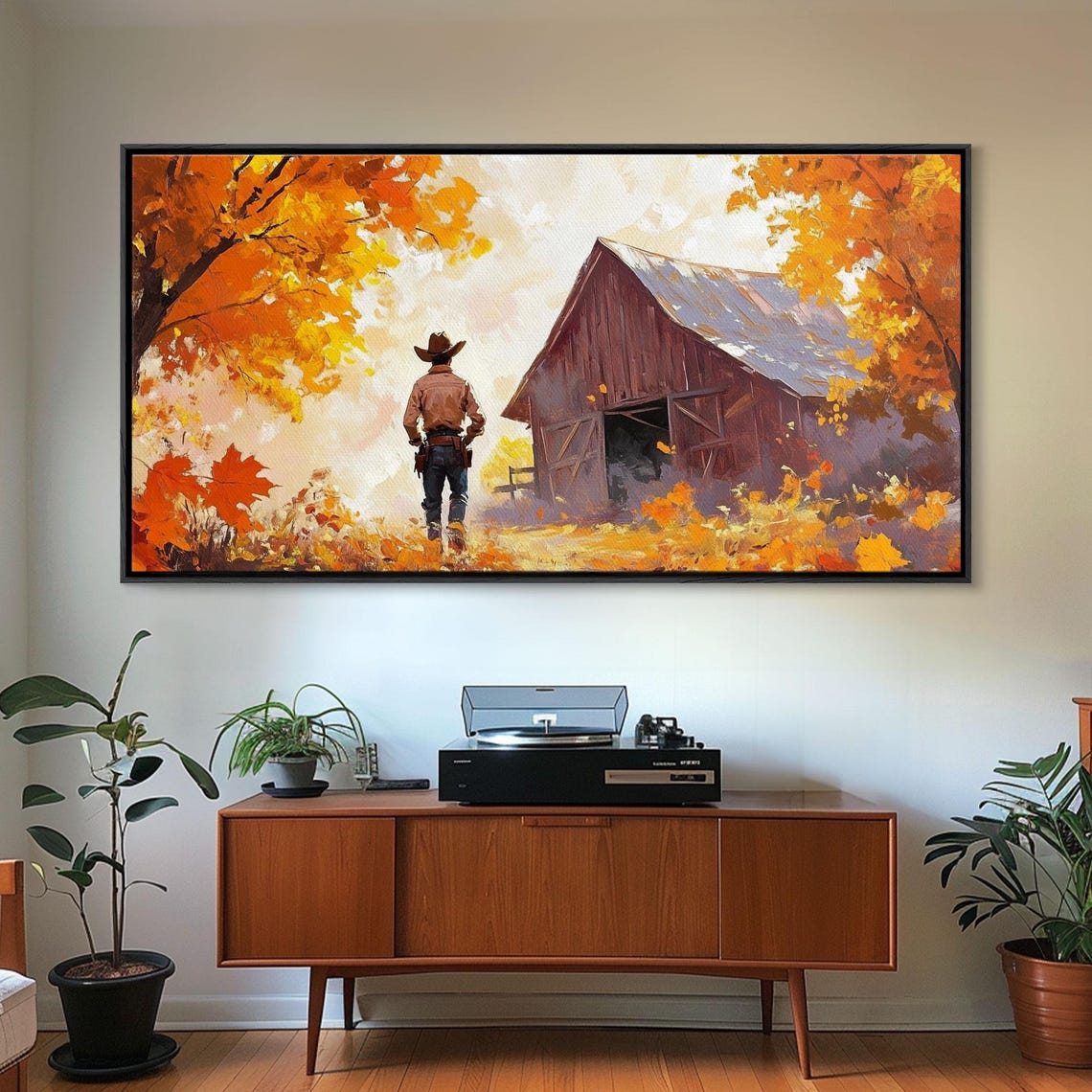 Cowboy Walking Toward A Red Barn Through Bright Fall Foliage Print - Image 4