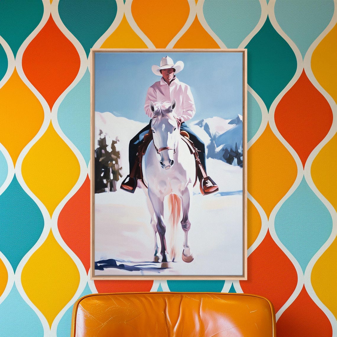 Lone Cowboy On White Horse In Snowy Landscape Print Winter Christmas Art Seasonal Wall Art Vintage Christmas Moody Landscape Gift - Image 3