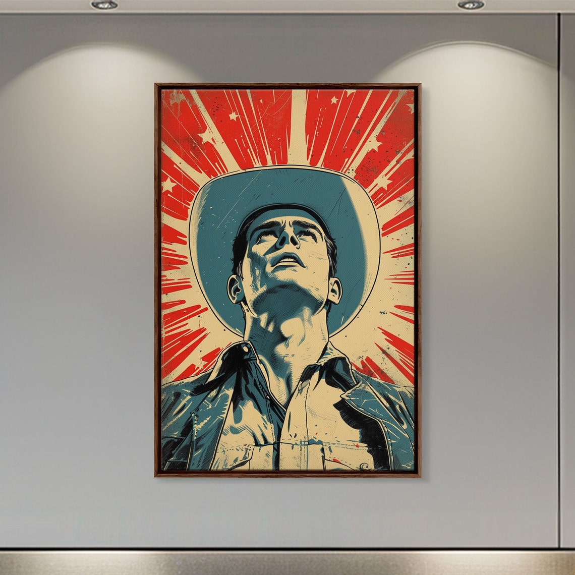 Cowboy Pop Art Poster Man in Hat Looking Up with Red Starburst Rays - Image 2