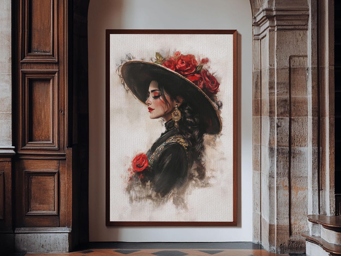 Female Matador Portrait Watercolor Black Suit Red Roses Elegant Poster - Image 4