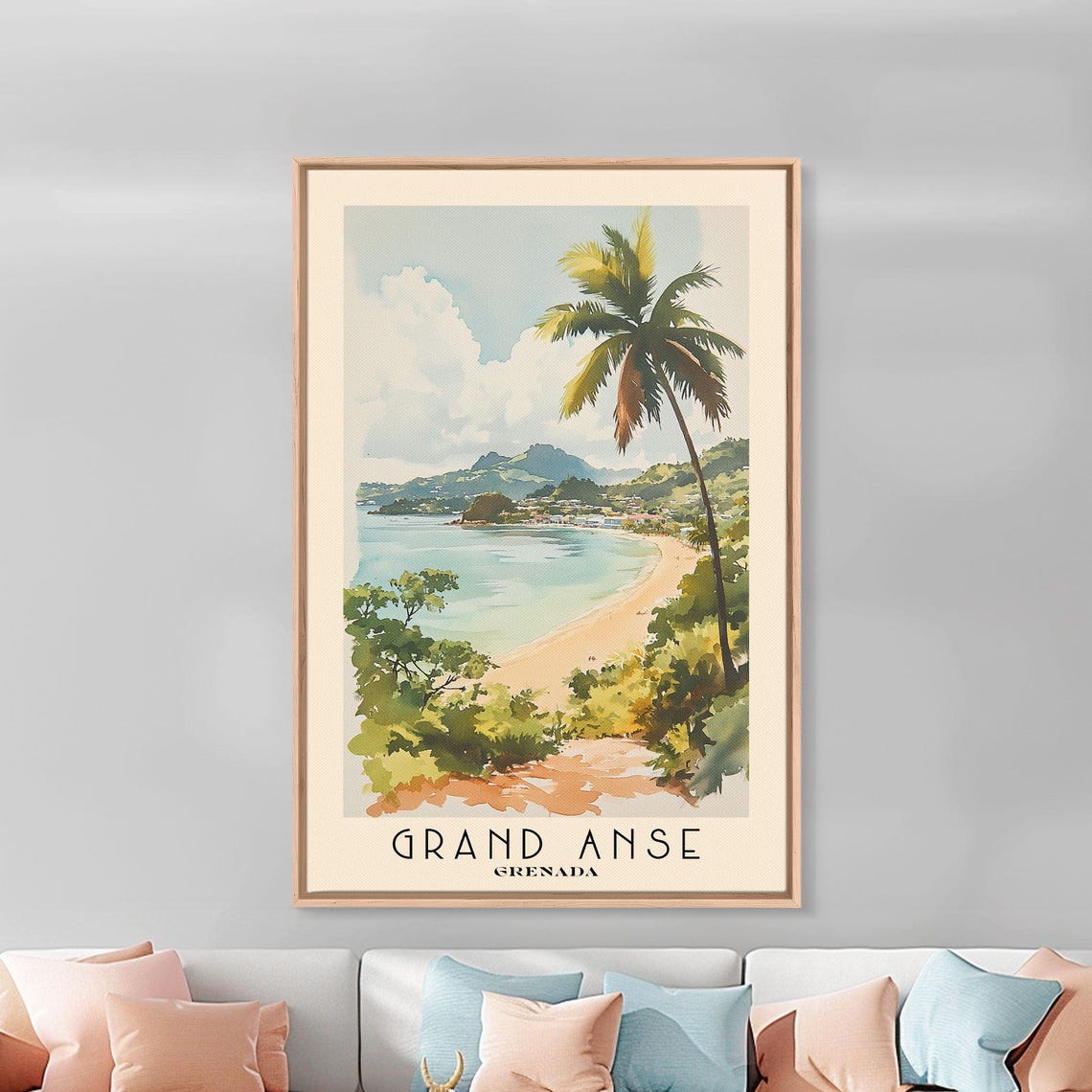 Grand Anse Grenada Crescent Bay Hilltop View Palm Watercolor Poster - Image 2