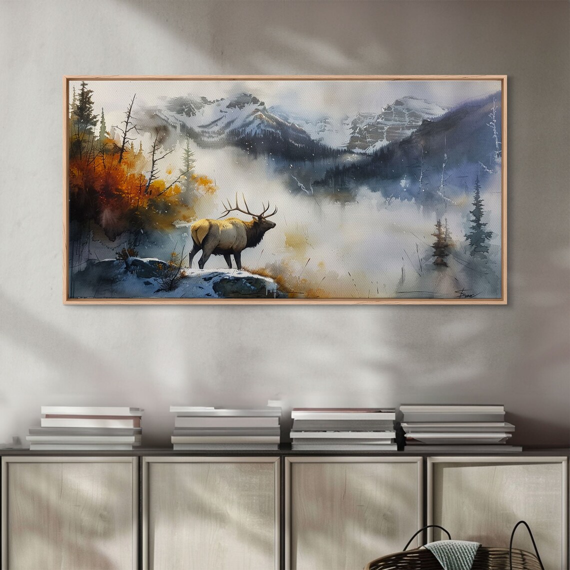 Majestic Elk in Misty Mountains, Rustic Nature Art Print - Image 2