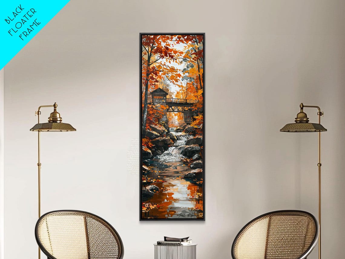 Autumn Covered Bridge Over Rocky Stream Waterfall Landscape Poster