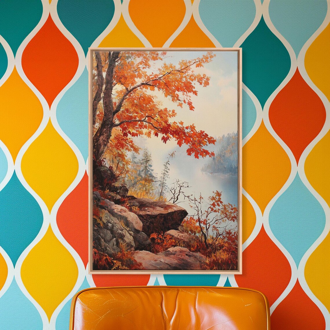 Rocky Autumn Cliff With Fiery Orange Maple Over Misty Lake View Poster - Image 3
