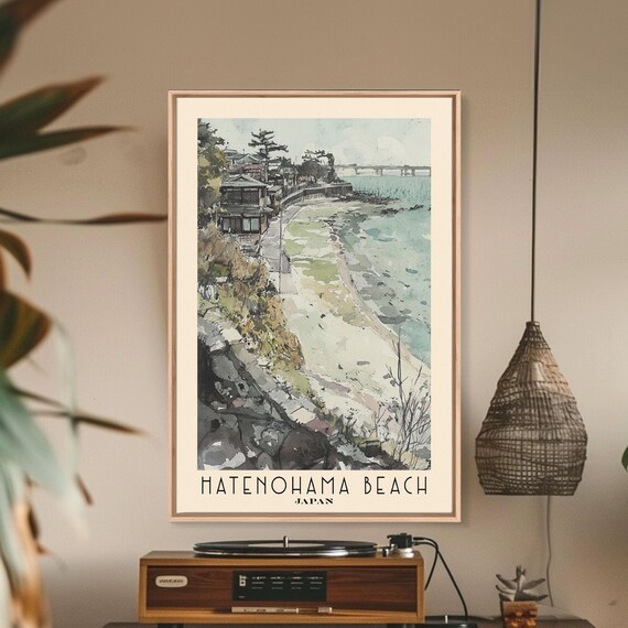 Hatenohama Beach Japan Ink Wash Coastal Town Watercolor Travel Poster