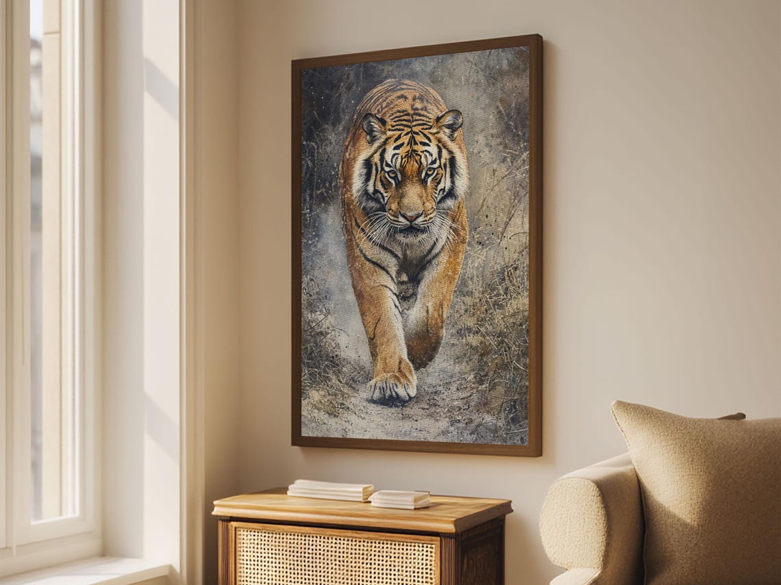 Tiger Stalking Forward Realistic Oil Painting Wild Cat Statement Print - Image 2
