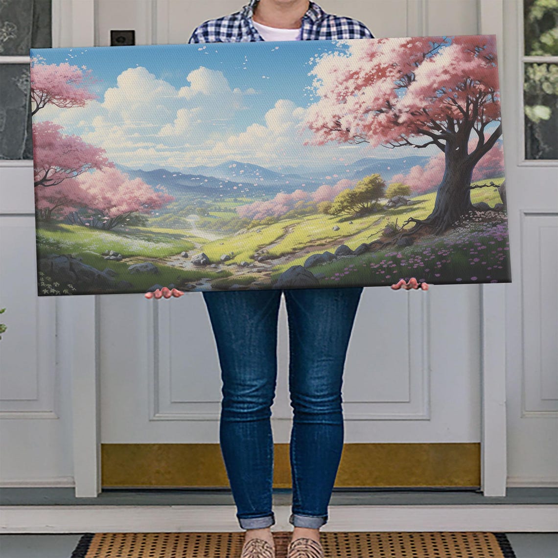 Cherry Blossom Valley Mountain Stream Spring Landscape Art Poster - Image 4