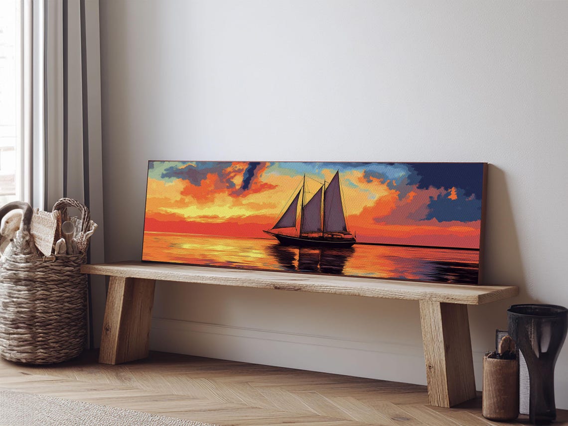 Tall Sail Ship Sunset Orange Sky Ocean Panoramic Nautical Poster - Image 3