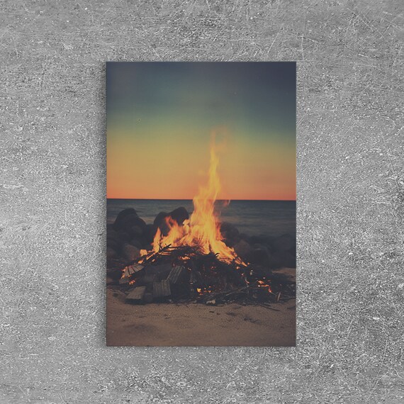 Beach Bonfire At Sunset Ocean Flames Rocks Moody Coastal Photo Poster